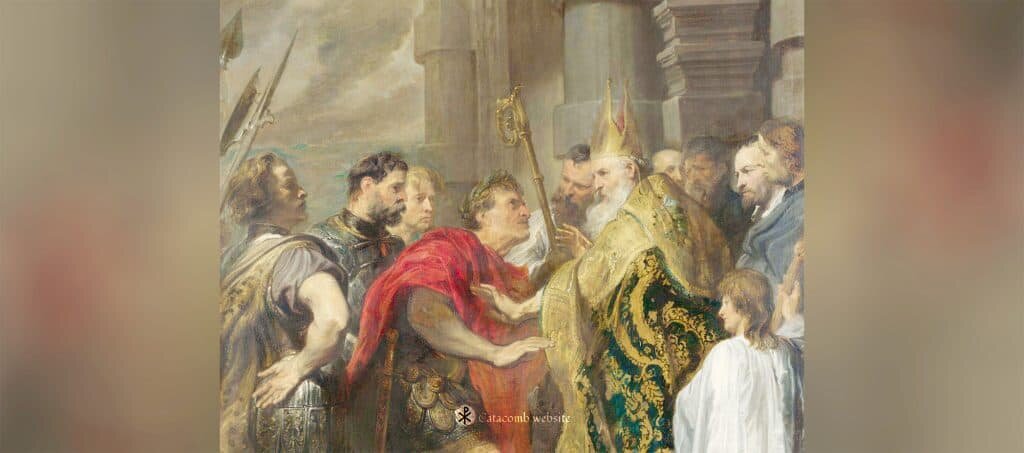 The Emperor Theodosius is forbidden by Saint Ambrose to enter Milan Cathedral, by Anthony van Dyck, ca. 1620 A.D.